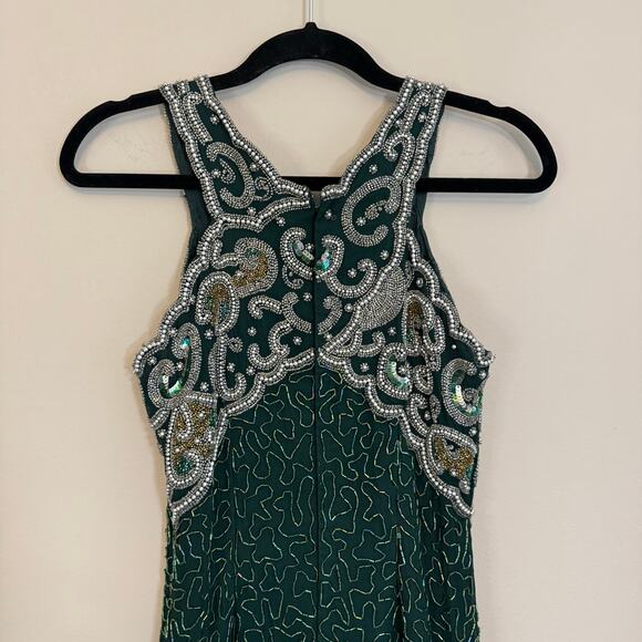 VTG 90s Laurence Kazar Beaded Prom Gown PS Green Silk Evening Formal Cocktail - Picture 5 of 11
